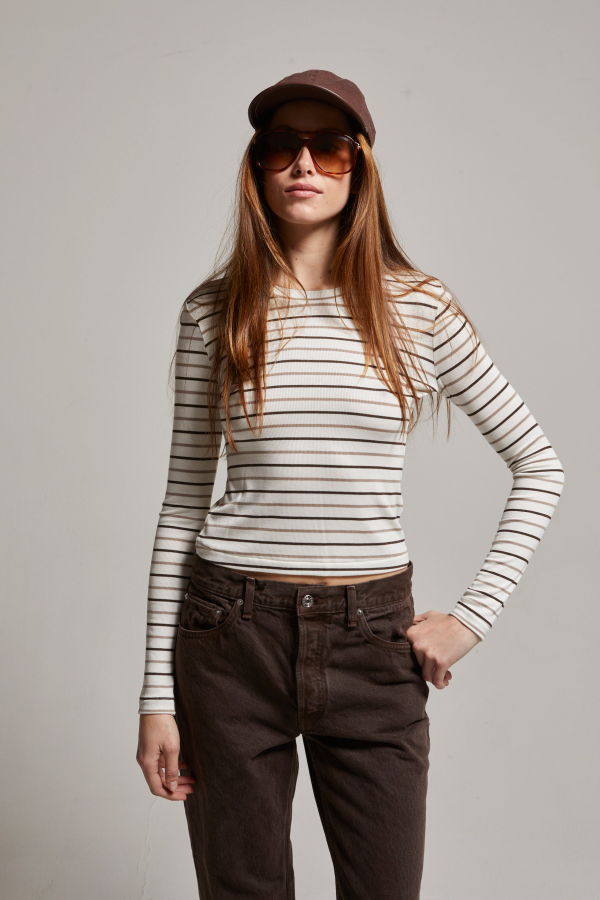Asher Libby Striped Longsleeve Tee - White / Brown Stripe