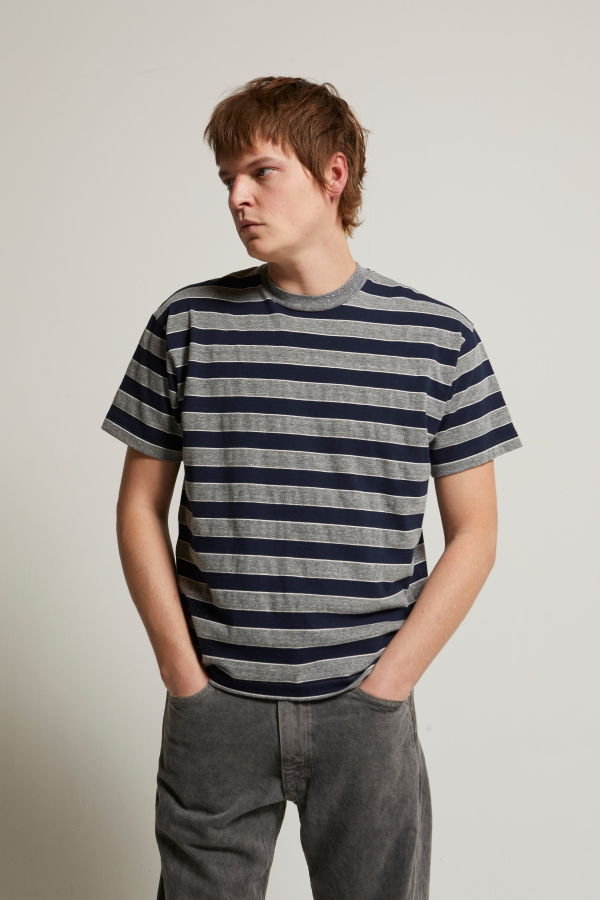 Asher Noah Stripe Tee - Navy / Heather Grey