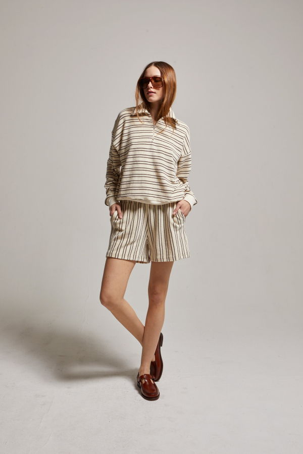 Asher Sharon Stripe Loop Terry Short - Cream/Brown Stripe