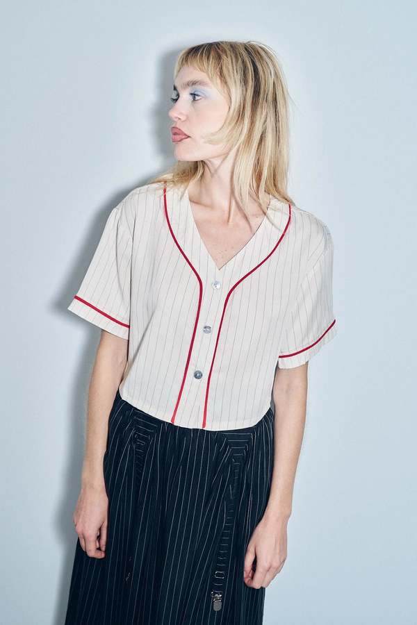 Fashion Brand Company Baseball Crop Top Tencel Stripe Fashion Brand Company Baseball Crop Top Tencel Stripe