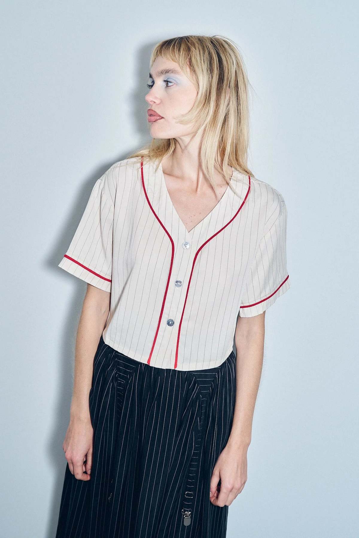 Fashion Brand Company Baseball Crop Top Tencel Stripe - Image 1 of 5