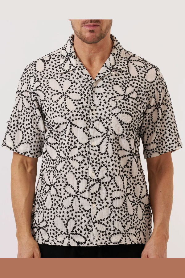 Universal Works Road Shirt - Ecru Black Kantha Flower