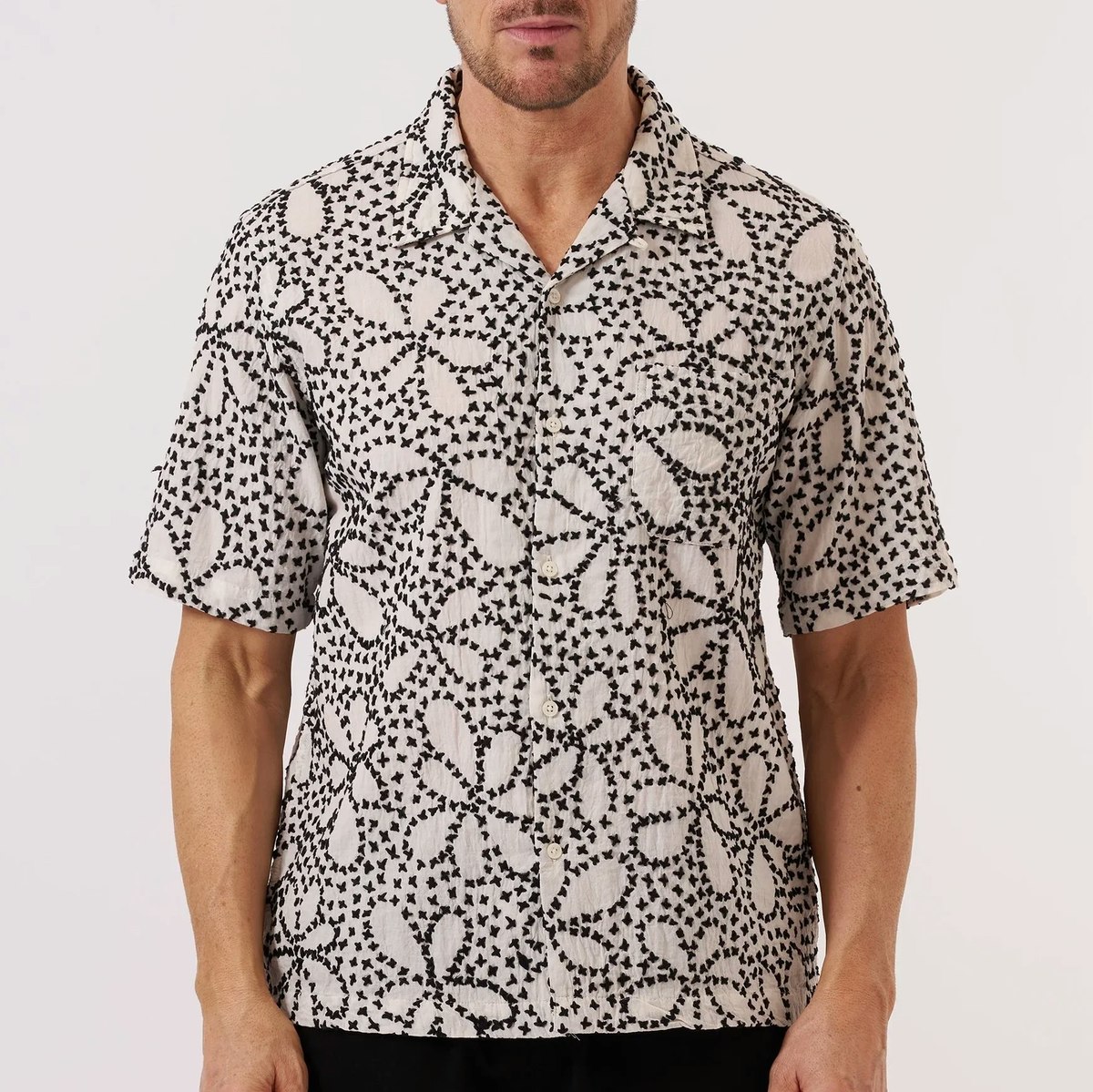 Universal Works Road Shirt - Ecru Black Kantha Flower - Image 1 of 9