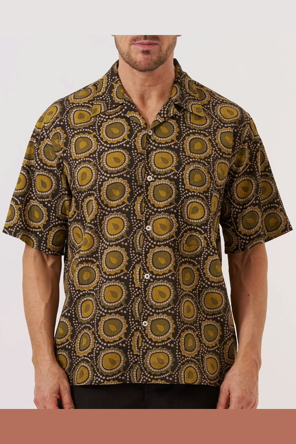 Universal Works Camp Shirt Cape Block Print - Olive