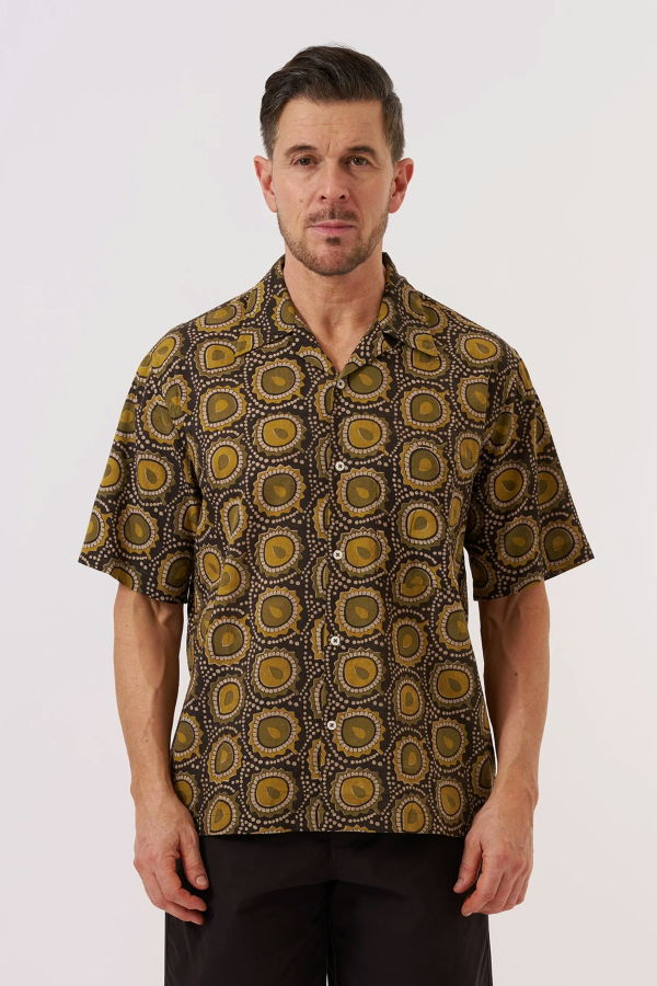 Universal Works Camp Shirt Cape Block Print - Olive