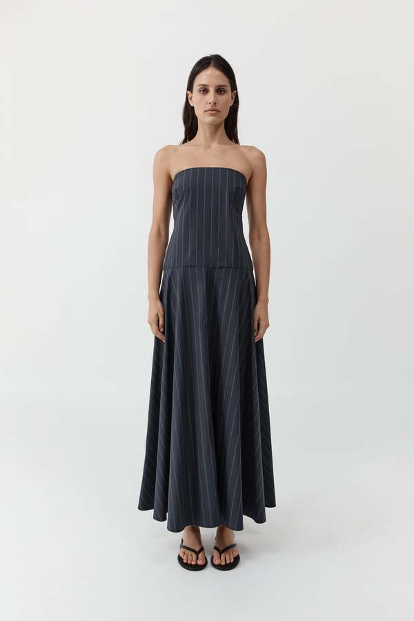 St. Agni Strapless Rouleau Dress - Ink Stripe