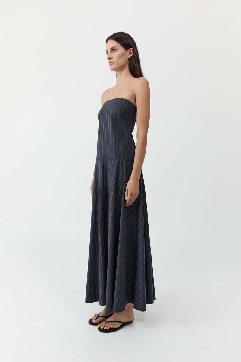 St. Agni Strapless Rouleau Dress - Ink Stripe
