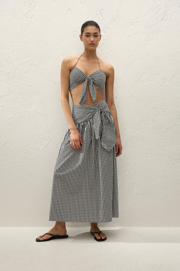 Faithfull The Brand Lucia Midi Skirt - Black Textured Gingham