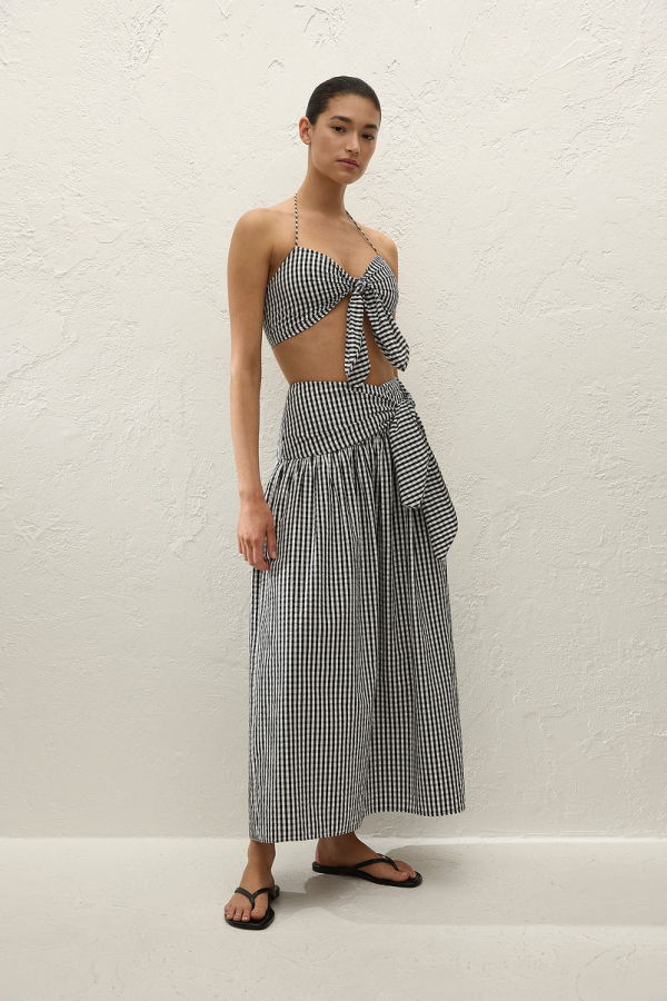 Faithfull The Brand Lucia Midi Skirt - Black Textured Gingham