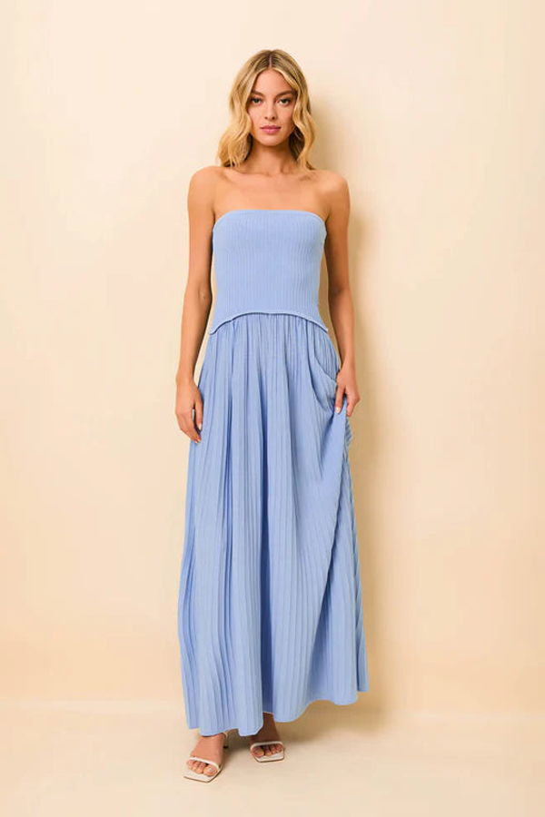 Solid and Striped Strapless Soglio Ribbed Knit Dress - Blue Lagoon