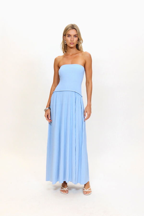 Solid and Striped Strapless Soglio Ribbed Knit Dress - Blue Lagoon