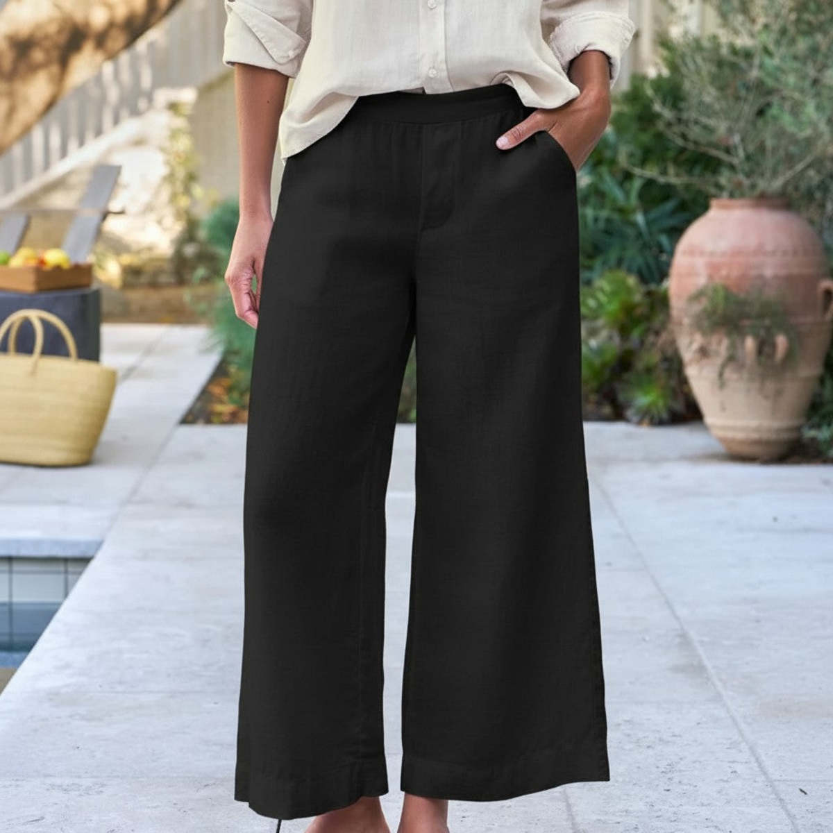 Frank & Eileen Maisie Pull On Crop Wide Leg Pants - Black Linen - Image 1 of 1