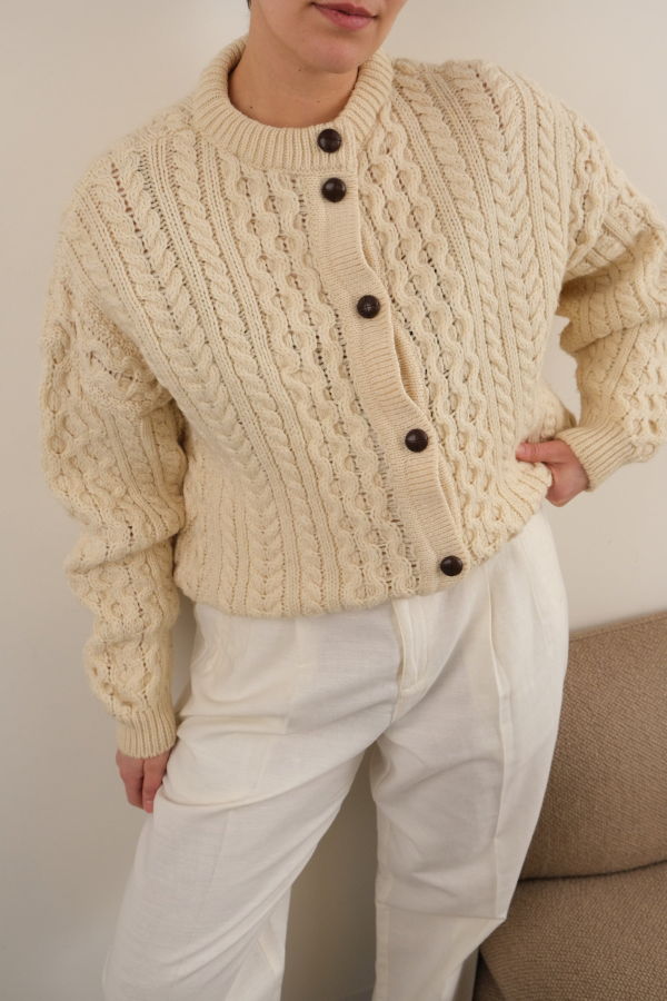 Hermine Vintage 80s Irish Ecru Wool Cable Knit Leather Button Cardigan Sweater - Beige