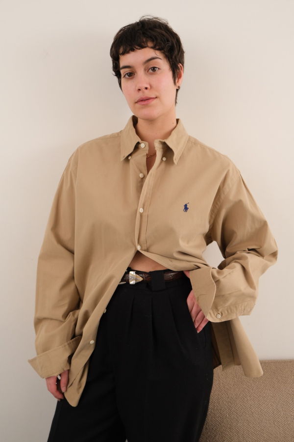Hermine Vintage 90s Camel Polo Ralph Lauren Cotton Button-Down Shirt - Beige
