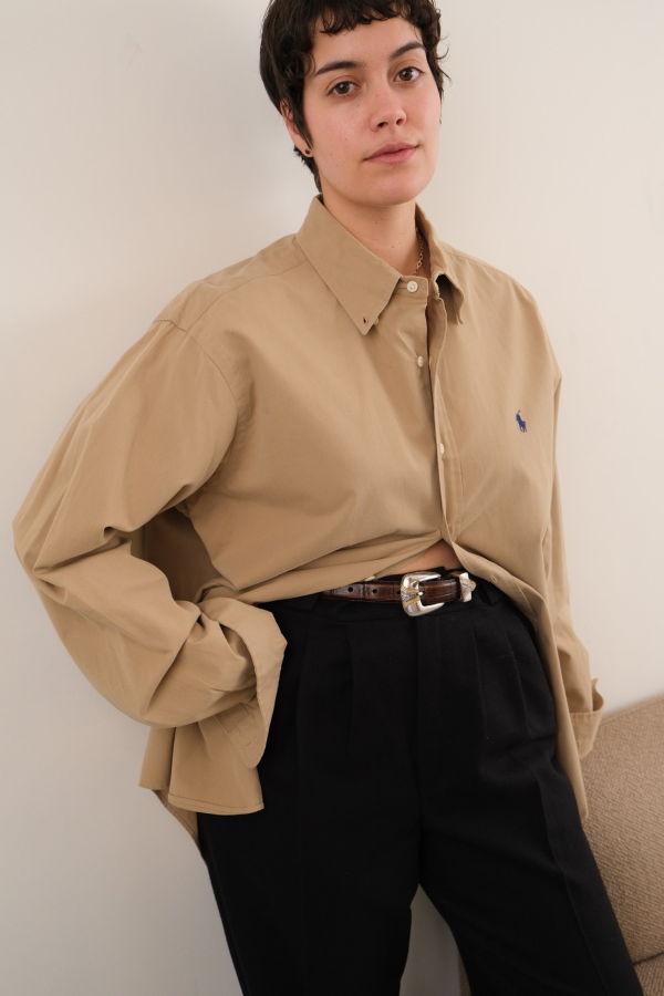 Hermine Vintage 90s Camel Polo Ralph Lauren Cotton Button-Down Shirt - Beige