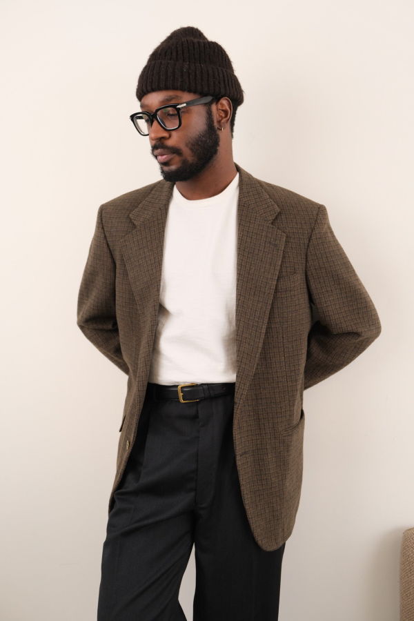 Hermine Vintage 90s Chestnut Camelhair Checked Blazer - Brown