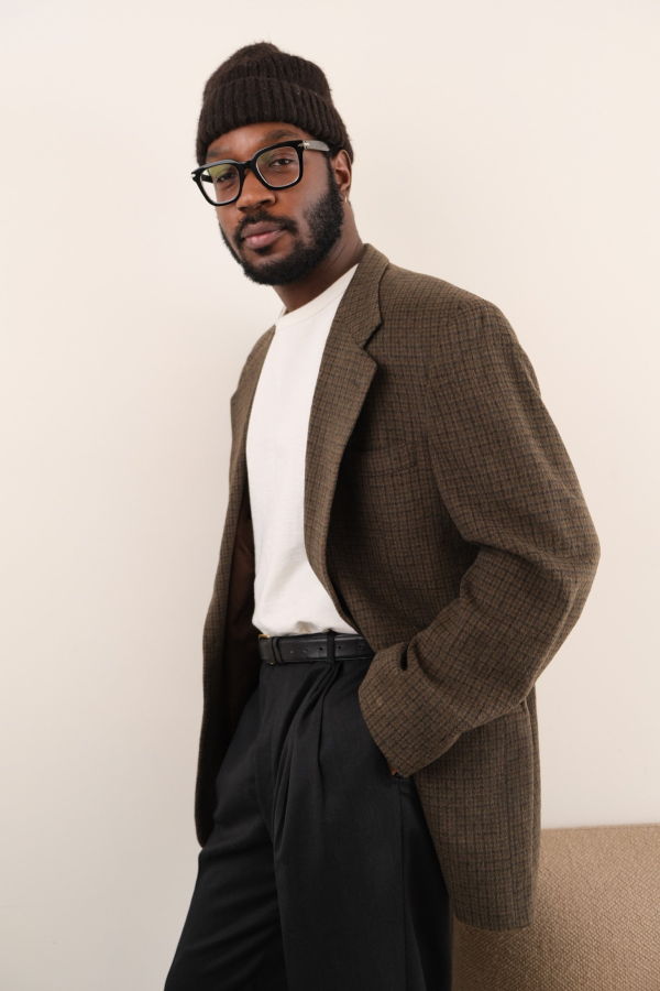 Hermine Vintage 90s Chestnut Camelhair Checked Blazer - Brown