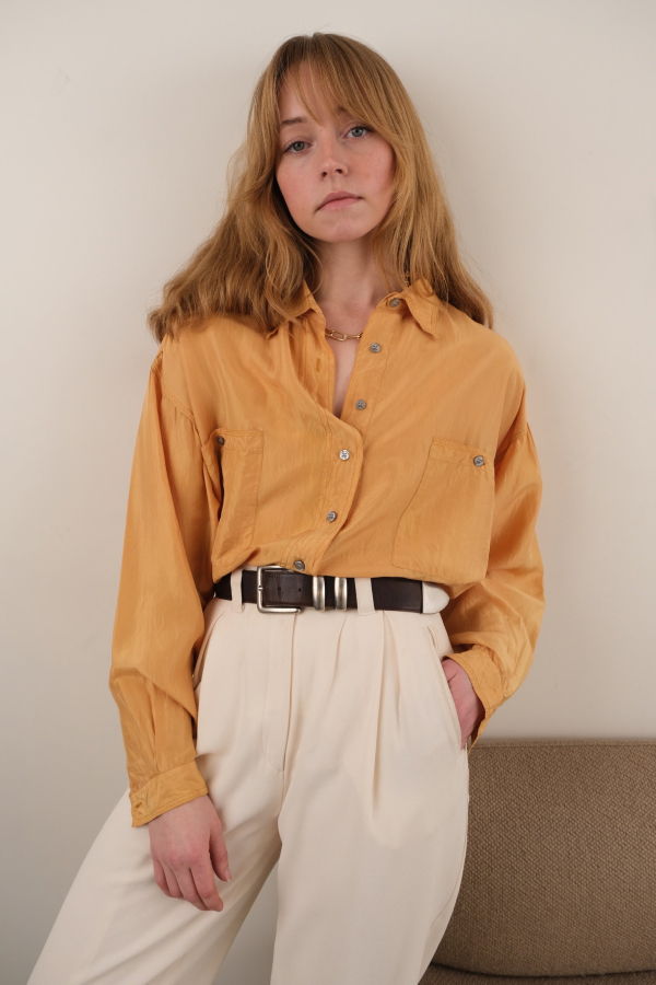 Hermine Vintage 90s Saffron Silk Long Sleeve Button Up Blouse - Yellow