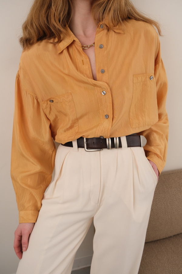 Hermine Vintage 90s Saffron Silk Long Sleeve Button Up Blouse - Yellow