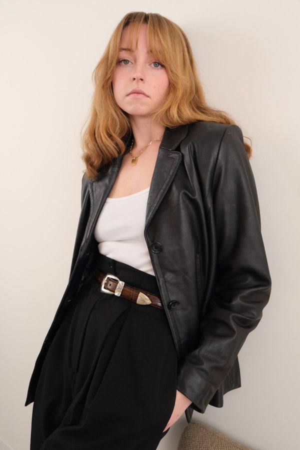 Hermine Vintage Onyx Leather Button Up Blazer - Black