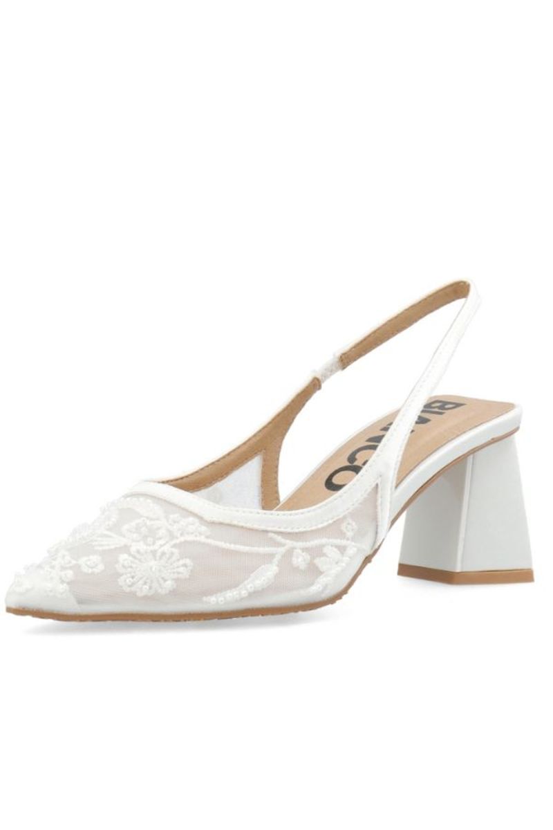BIANCO Biamaralyn Lace Beaded Slingback Heels - White Lace