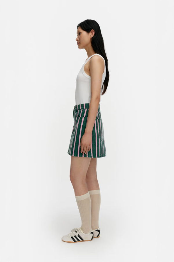 Marimekko Piccolo Denim Mini Skirt - Green & Pink Stripe