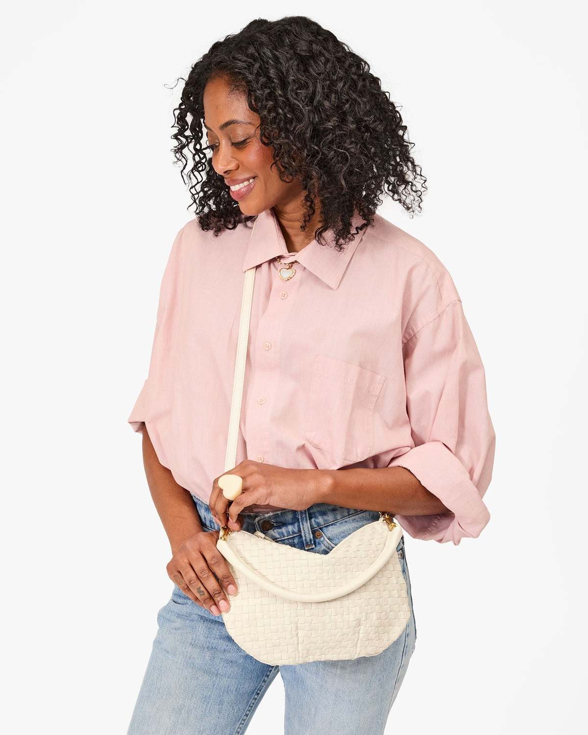 Clare V. Petit Moyen Messenger Bag - Cream Woven Checker - Image 2 of 5