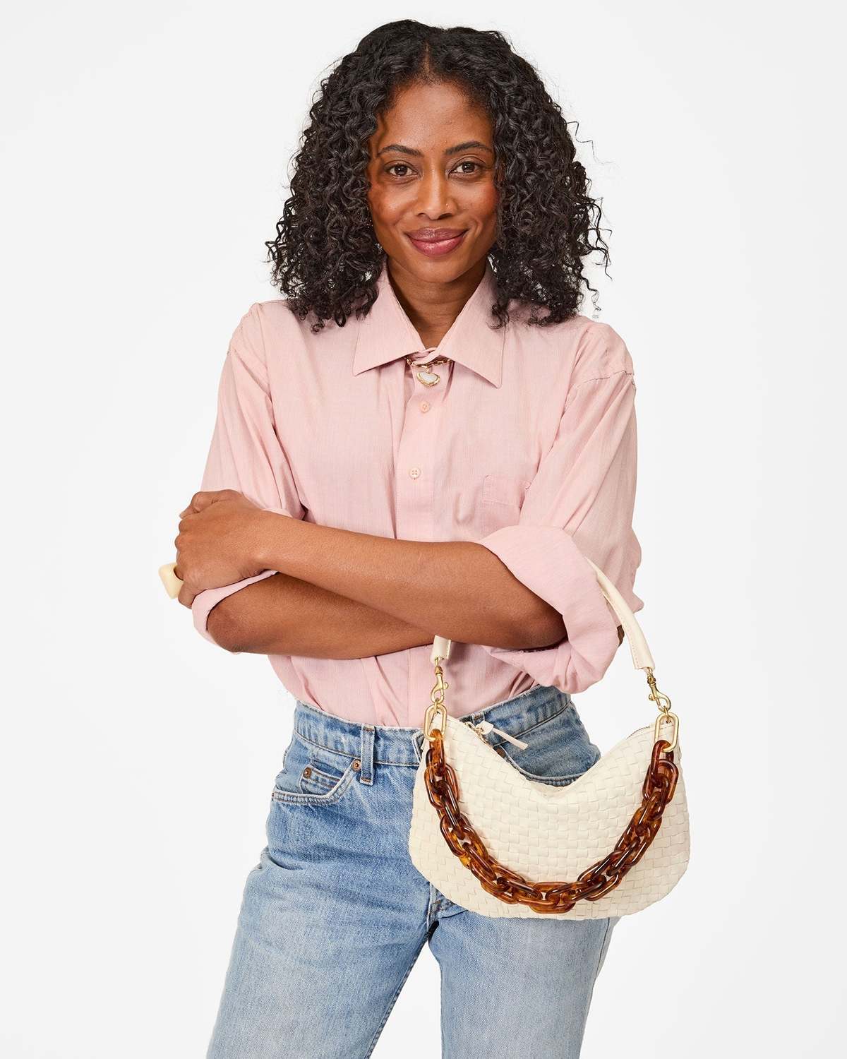 Clare V. Petit Moyen Messenger Bag - Cream Woven Checker - Image 3 of 5