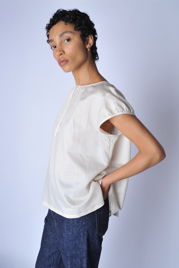 Chimala Champagne Crew Ribbon Blouse - White/Cream