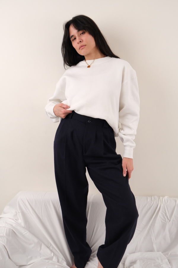 Hermine Vintage 80s Night Pure Wool Pleated Trousers - Navy