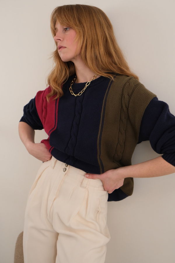 Hermine Vintage 90s Tricolor Cotton Cable Knit Sweater