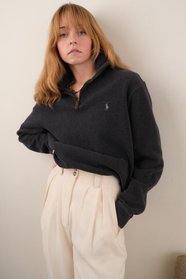 Hermine Vintage Polo Ralph Lauren Quarter-Zip Sweater - Charcoal