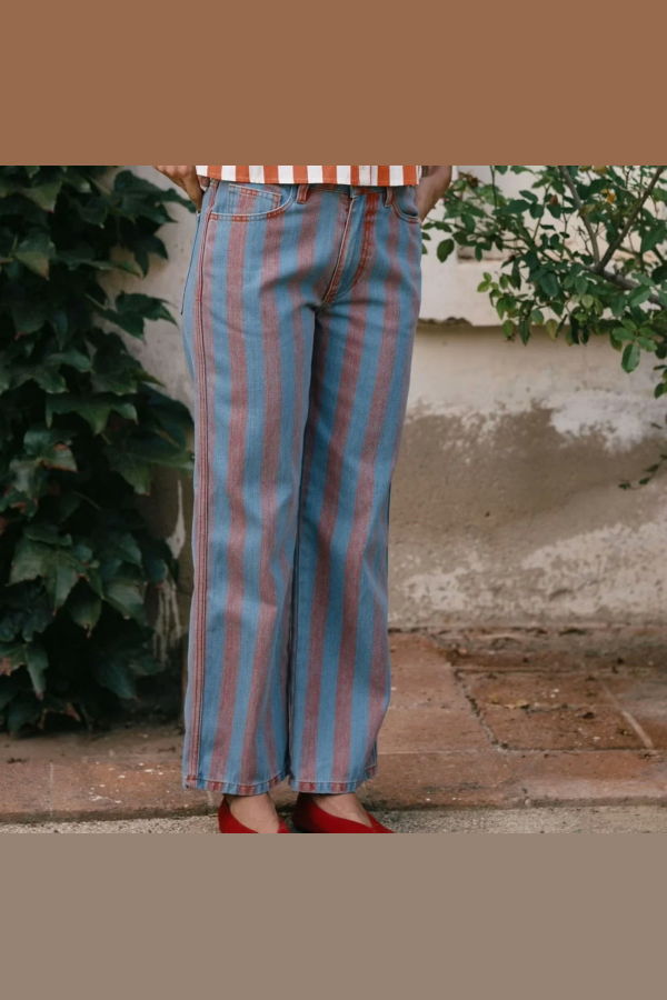 TINY BIG SISTER Maru Wide Stripes Denim Pants - Red/Blue