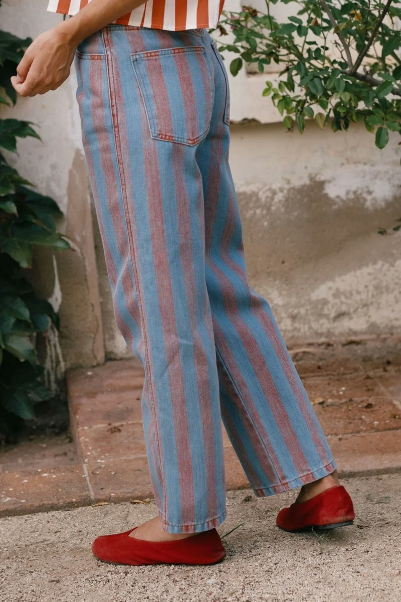 TINY BIG SISTER Maru Wide Stripes Denim Pants - Red/Blue