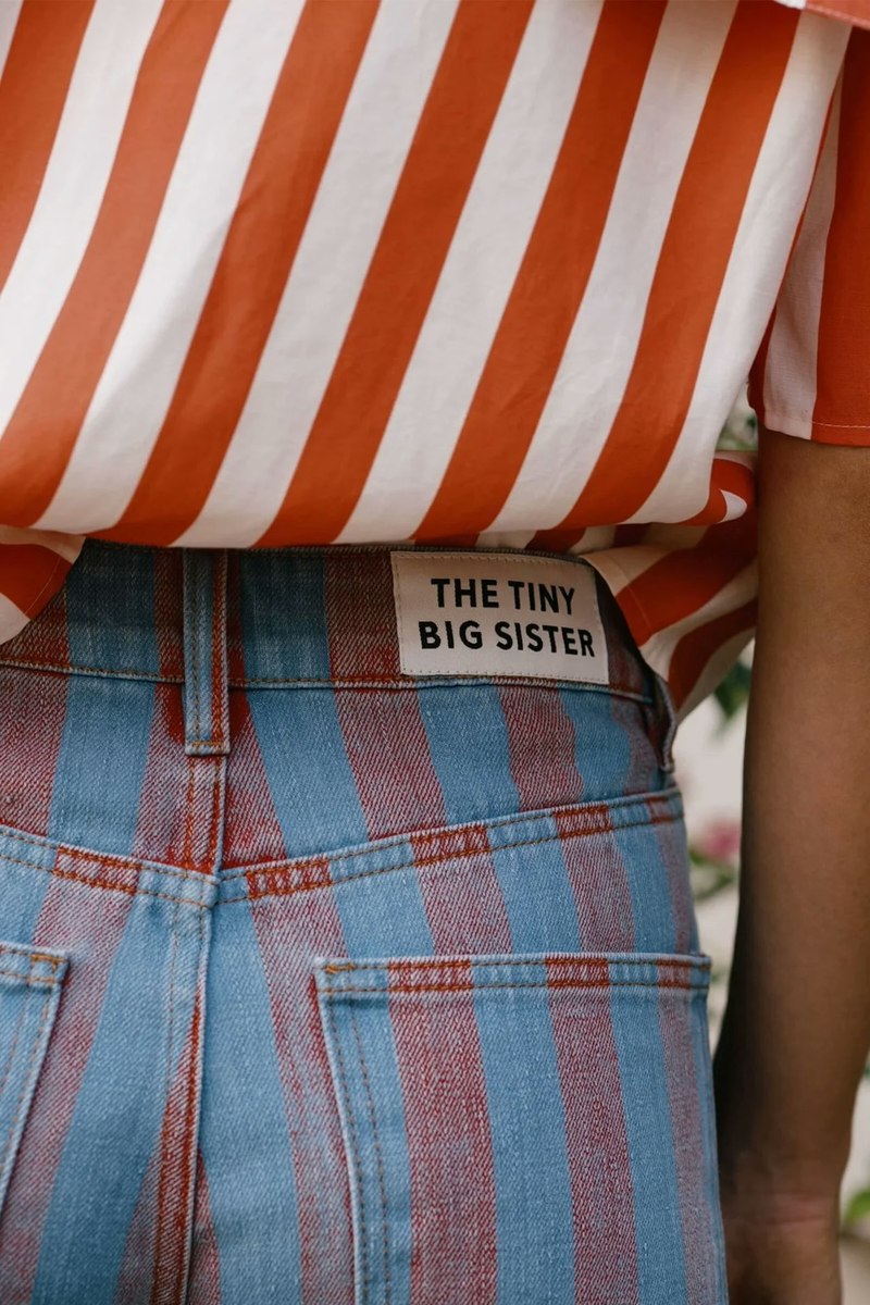 TINY BIG SISTER Maru Wide Stripes Denim Pants - Red/Blue