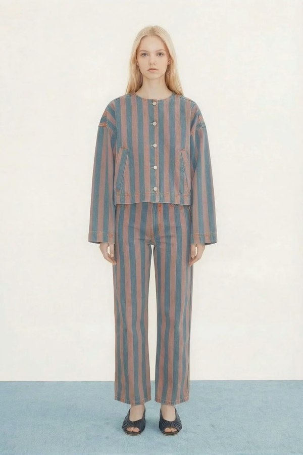 TINY BIG SISTER Maru Wide Stripes Denim Pants - Red/Blue