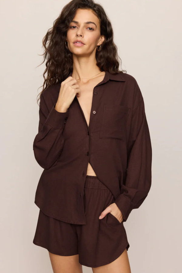 Z Supply Alfie Button Up Shirt - Chocolate Cherry