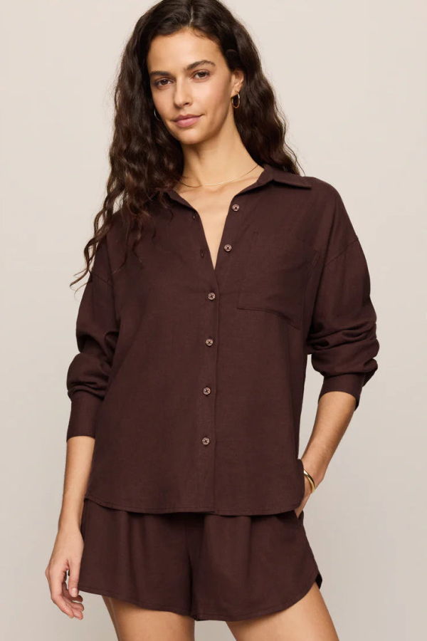 Z Supply Alfie Button Up Shirt - Chocolate Cherry