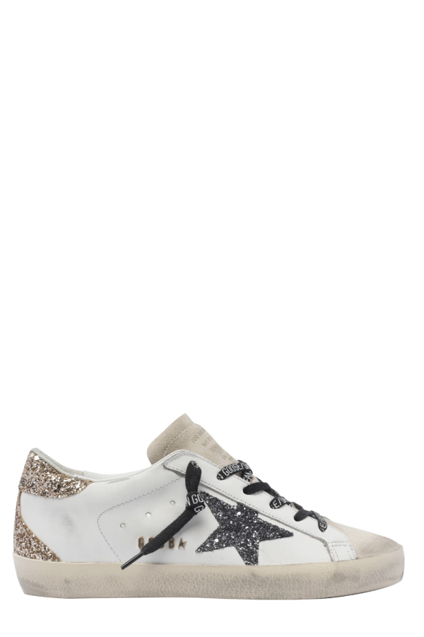 Golden Goose Super-Star Leather Upper Glitter Star Heel and Spur Metal Lettering Sneakers - White