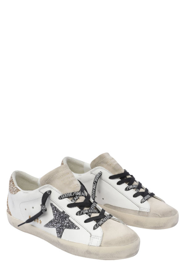Golden Goose Super-Star Leather Upper Glitter Star Heel and Spur Metal Lettering Sneakers - White