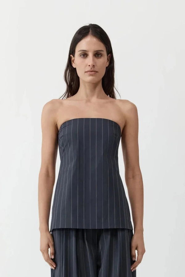 St. Agni Strapless Rouleau Tie Top - Ink Stripe