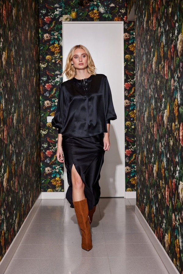 Lindsay Nicholas New York Poet Blouse in Black Silk Satin - Black