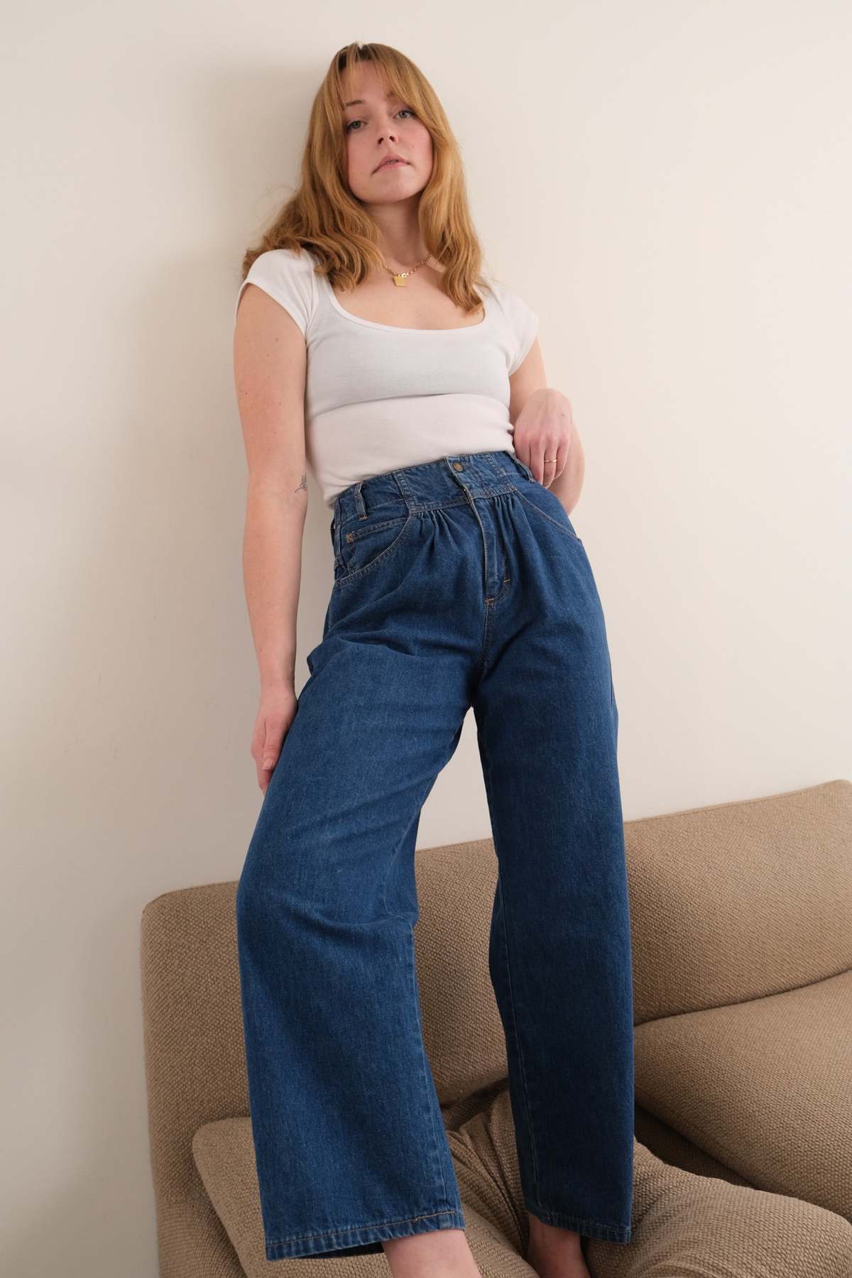 Hermine Vintage 80s Calvin Klein High-Rise Pleated Wide Leg Jeans - Blue - Image 1 of 4