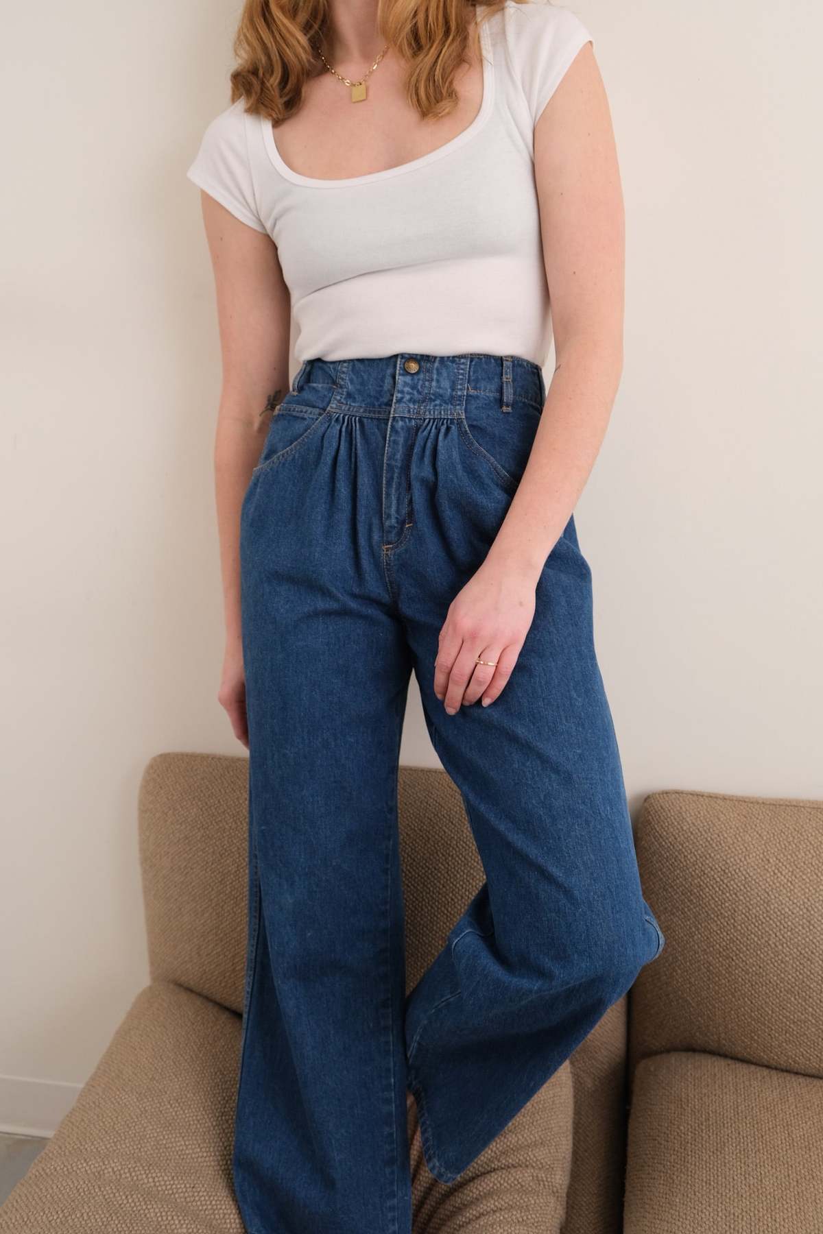Hermine Vintage 80s Calvin Klein High-Rise Pleated Wide Leg Jeans - Blue - Image 2 of 4