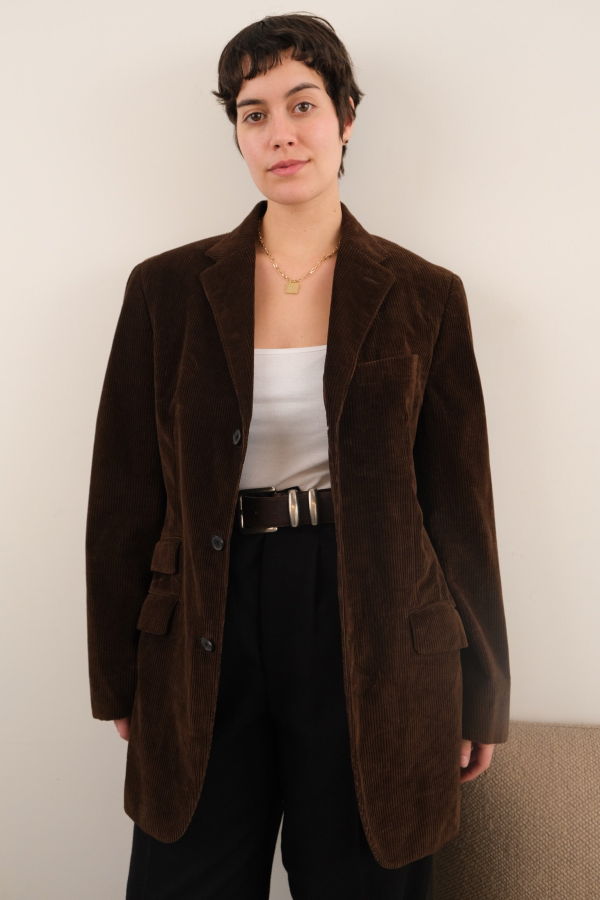 Hermine Vintage 90s Espresso Cotton Cashmere Corduroy Blazer - Brown
