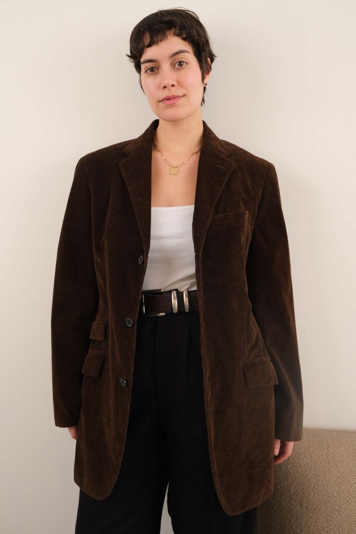 Hermine Vintage 90s Espresso Cotton Cashmere Corduroy Blazer - Brown - Image 2 of 5