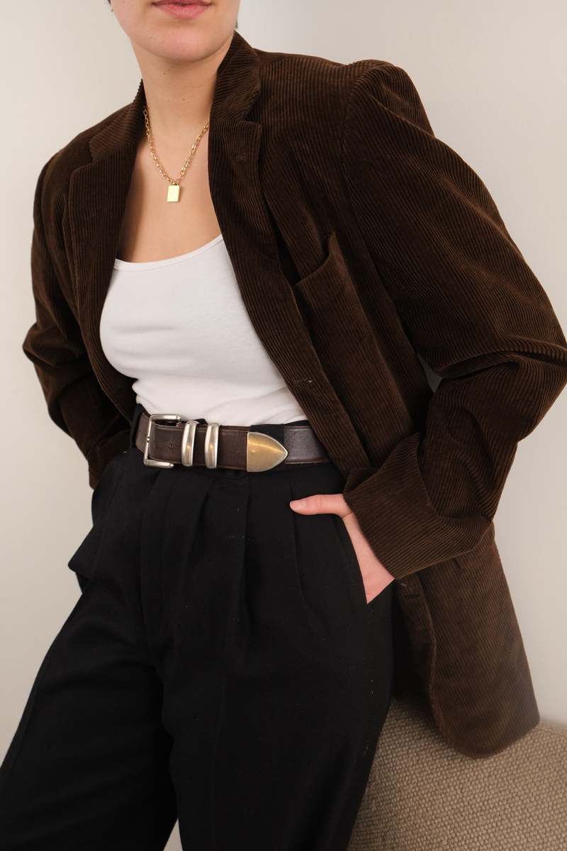 Hermine Vintage 90s Espresso Cotton Cashmere Corduroy Blazer - Brown