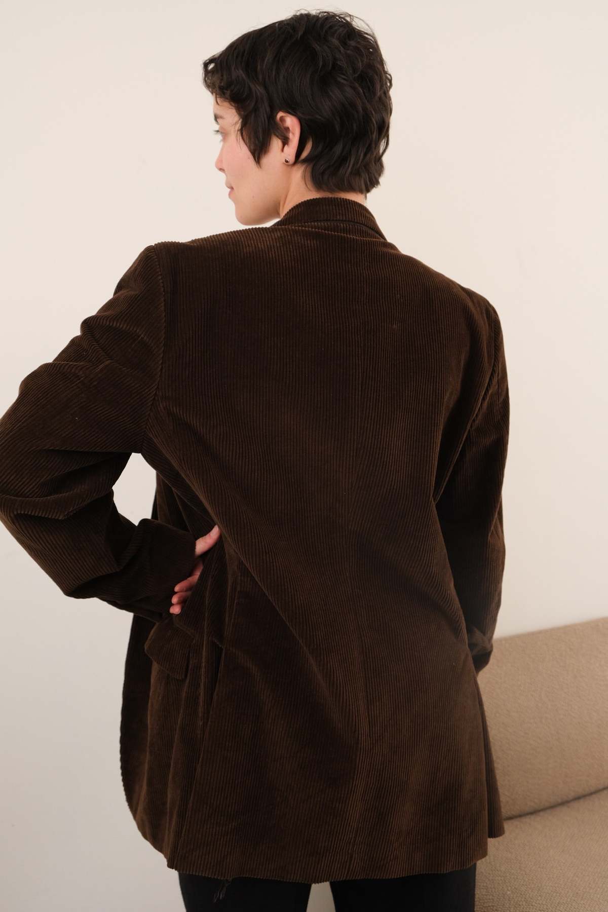 Hermine Vintage 90s Espresso Cotton Cashmere Corduroy Blazer - Brown - Image 5 of 5