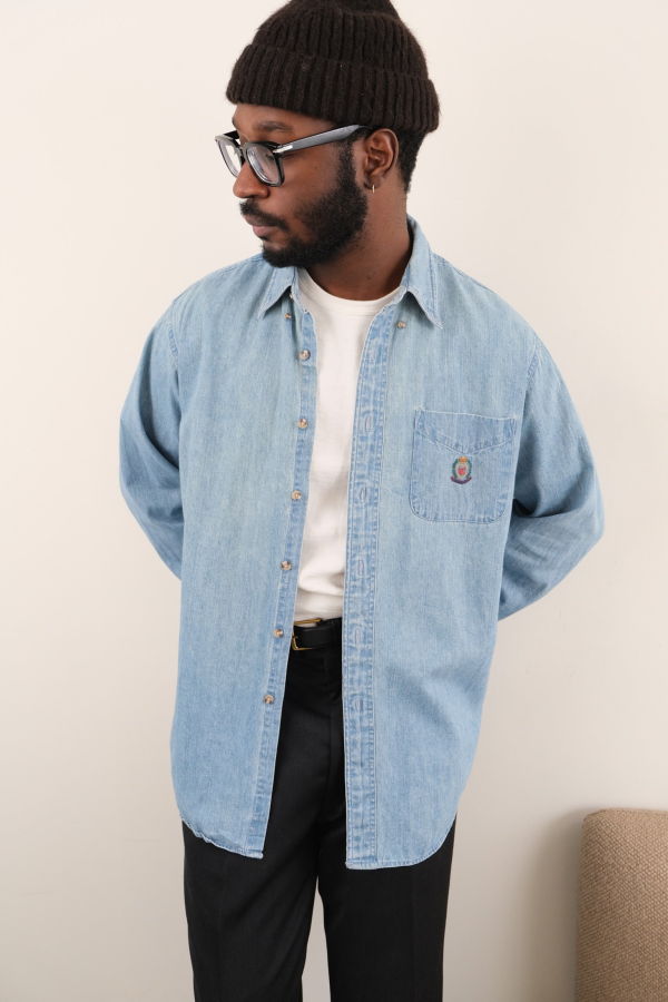 Vintage Hermine 90s Light Wash Cotton Denim Shirt - Blue