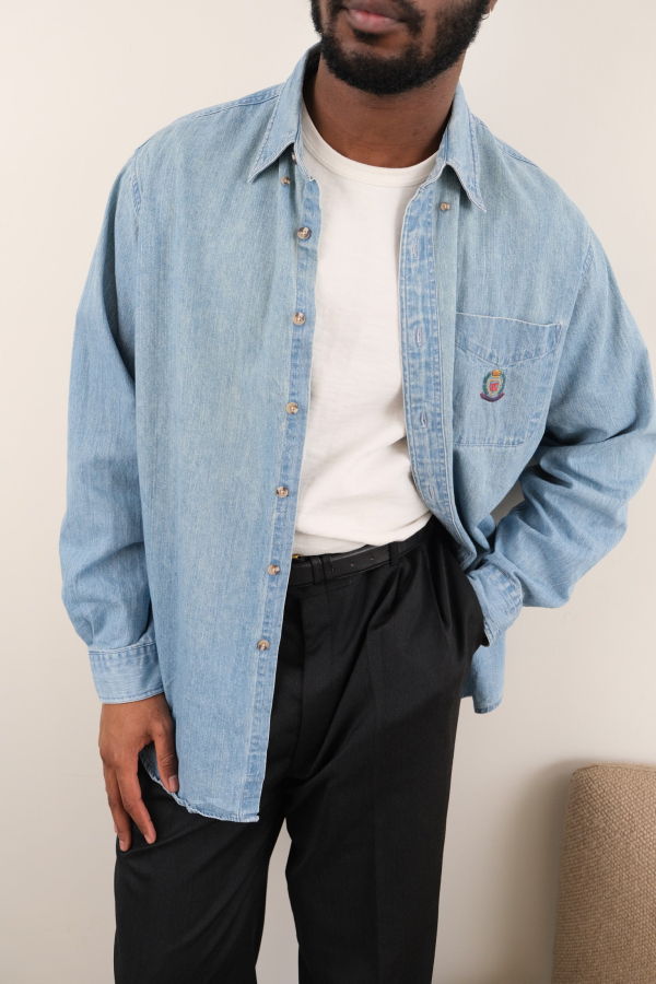 Vintage Hermine 90s Light Wash Cotton Denim Shirt - Blue